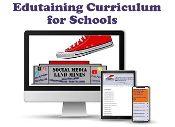 Edutaining Social Media Landmines Curriculum for Schools — shown on desktop, tablet, and phone