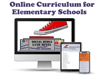 Online Social Media Landmines Curriculum for Elementary Schools — shown on desktop, tablet, and phone