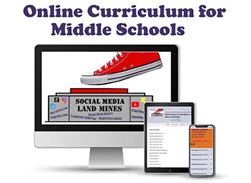 Online Social Media Landmines Curriculum for Middle Schools — shown on desktop, tablet, and phone